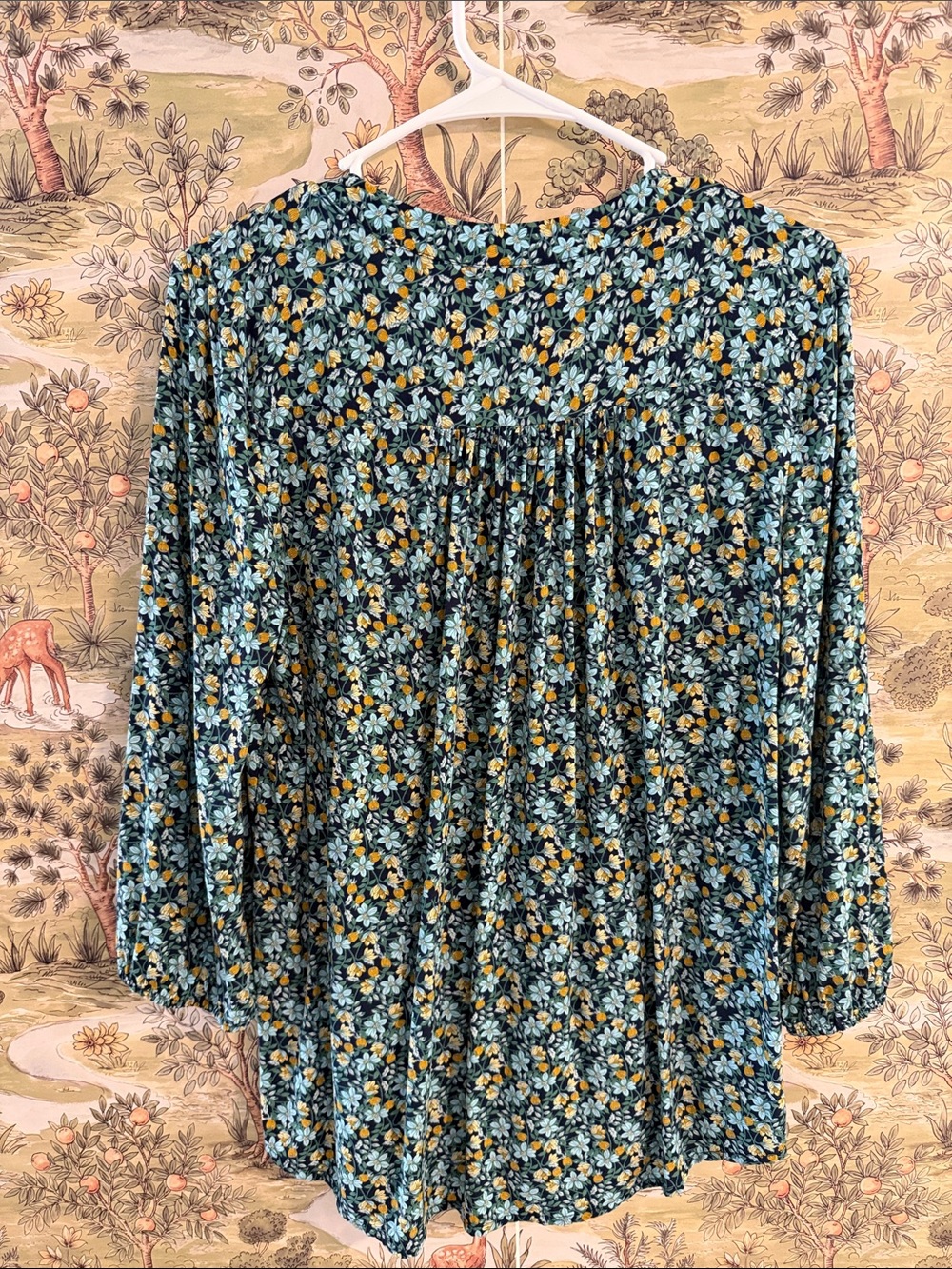 St. John's Bay Blue and Yellow Floral Button-Front Peasant Top - Picture 2 of 6